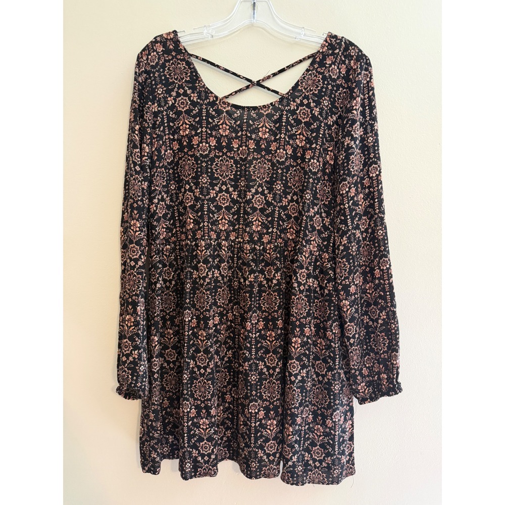 Forever 21 Womens L Floral Mini Dress Black Pink Boho Y2K Babydoll Long Sleeve
